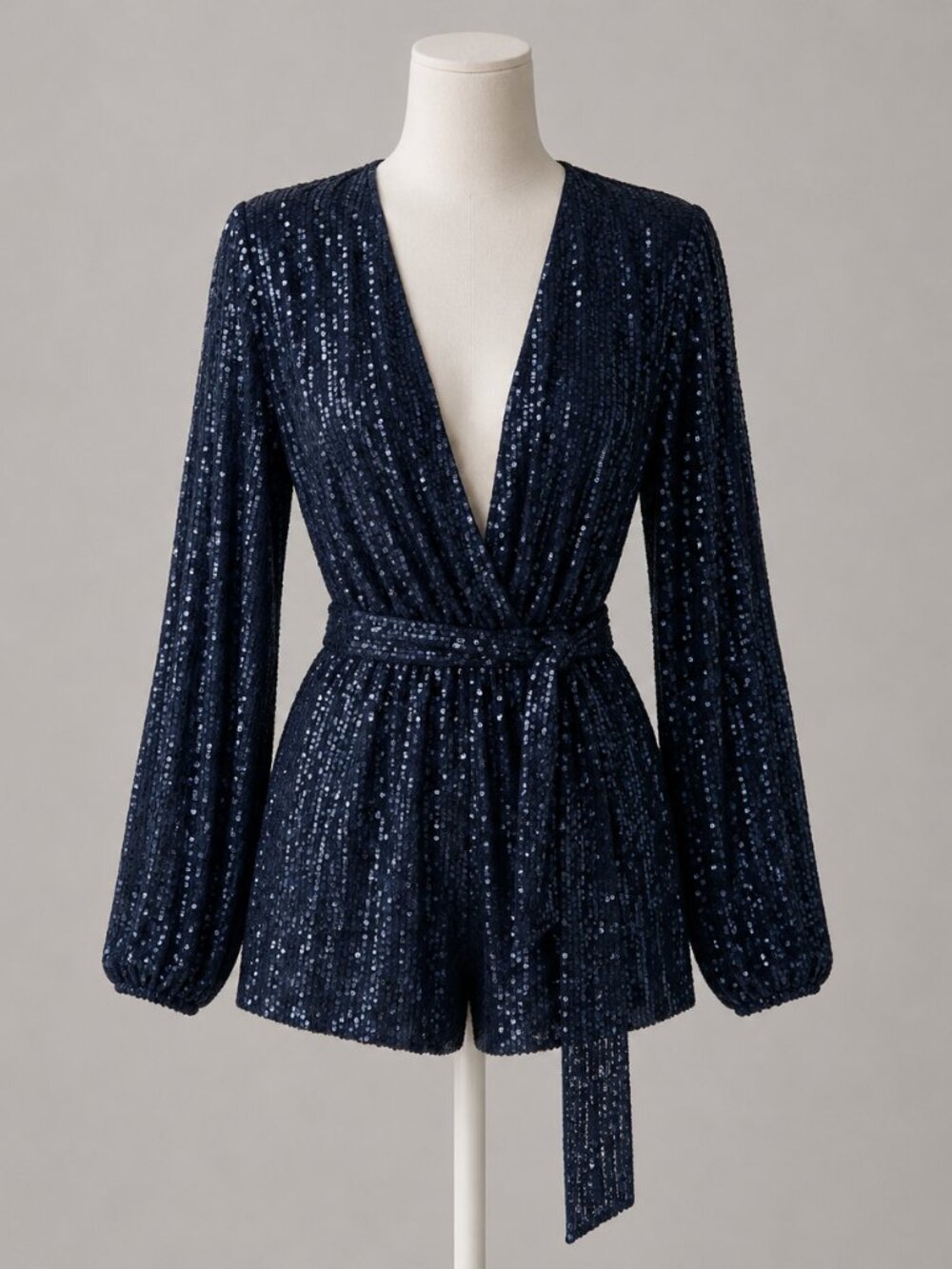 Free People Christa Sequin Long Sleeve Wrap Romper Blue Small Party Holiday